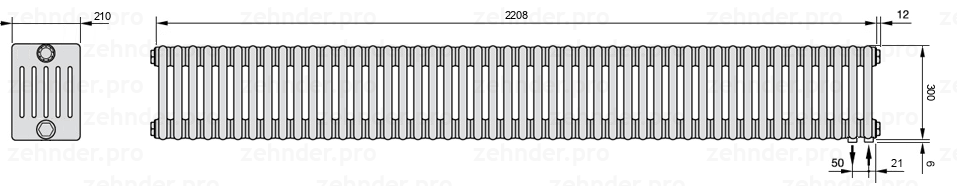 Схема (чертеж) Радиатор Zehnder Charleston 6030/48 №5510 Белый глянцевый RAL 9016